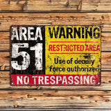 The Tin Wall Metal Garage Sign for Mancave Area 51 Warning Restricted Area