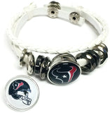 NFL Football Fan Houston Texans White Leather Bracelet W/ Blue Logo & Helmet 18MM - 20MM Snap Charms