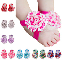 Shabby Chic Baby Toddler Barefoot Sandal Turquoise Blue Chiffon Flower Elastic Foot Wear  2 Pc 1 Pair
