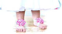Shabby Chic Baby Toddler Barefoot Sandal Hot Pink Chiffon Flower Elastic Foot Wear  2 Pc 1 Pair