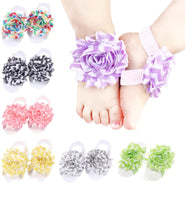 Shabby Chic Baby Toddler Barefoot Sandal Red Green Chiffon Flower Elastic Foot Wear  2 Pc 1 Pair