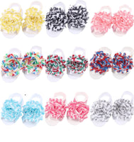 Shabby Chic Baby Toddler Barefoot Sandal Hot Pink Chiffon Flower Elastic Foot Wear  2 Pc 1 Pair