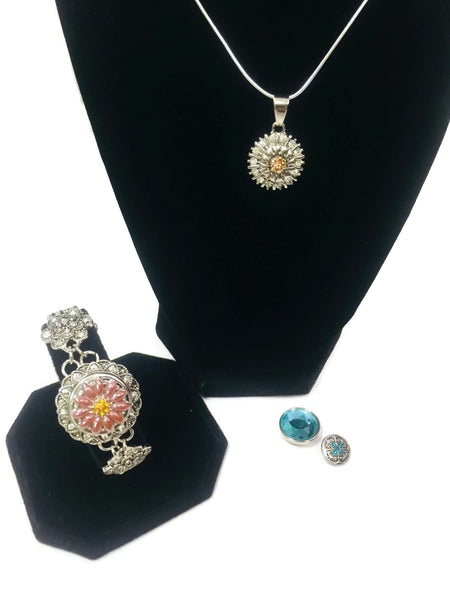 Modern Vintage Snap Jewelry Necklace Bracelet Set Plus 2 Reg and 2 Mini Size Charms