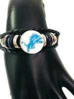 NFL Fashion Snap Detroit Lions Logo Leather Bracelet  With 2 Charms For Football Fans