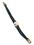 NFL Fashion Snap Pittsburgh Steelers Logo Leather Bracelet  With 2 Charms For Football Fans