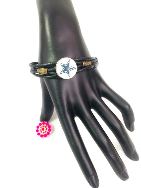 NFL Fashion Snap Dallas Cowboys Logo Leather Bracelet  With 2 Charms For Football Fans
