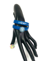 Brilliant Blue Love Hope Happiness Snap Jewelry Wrap Around Leather Bracelet Set With 2 Charms