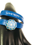 Brilliant Blue Love Hope Happiness Snap Jewelry Wrap Around Leather Bracelet Set With 2 Charms