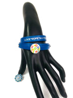 Brilliant Blue Love Hope Happiness Snap Jewelry Wrap Around Leather Bracelet Set With 2 Charms