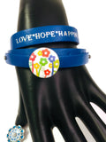 Brilliant Blue Love Hope Happiness Snap Jewelry Wrap Around Leather Bracelet Set With 2 Charms