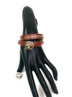 Chocolate Brown Love Hope Happiness Snap Jewelry Wrap Around Leather Bracelet Set With 2 Charms