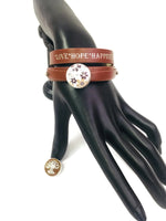 Chocolate Brown Love Hope Happiness Snap Jewelry Wrap Around Leather Bracelet Set With 2 Charms