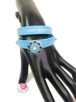 Maya Blue Love Hope Happiness Fashion Snap Jewelry Wrap Around Leather Bracelet Set With 2 Charms