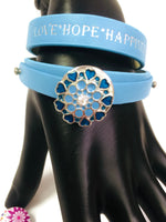 Maya Blue Love Hope Happiness Fashion Snap Jewelry Wrap Around Leather Bracelet Set With 2 Charms