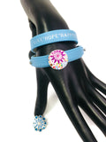 Maya Blue Love Hope Happiness Fashion Snap Jewelry Wrap Around Leather Bracelet Set With 2 Charms