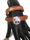 Sepia Brown Love Hope Happiness Fashion Snap Jewelry Wrap Around Leather Bracelet Set With 2 Charms