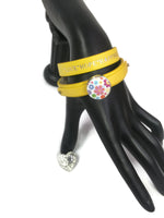 Yellow Bling Love Hope Happiness Fashion Snap Jewelry Wrap Around Leather Bracelet Set With 2 Charms