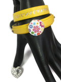 Yellow Bling Love Hope Happiness Fashion Snap Jewelry Wrap Around Leather Bracelet Set With 2 Charms