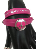 Pink Peace Love Hope Happiness Fashion Snap Jewelry Wrap Around Leather Bracelet Set With 2 Charms