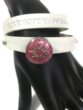 White Pink Love Hope Happiness Fashion Snap Jewelry Wrap Around Leather Bracelet Set With 2 Charms