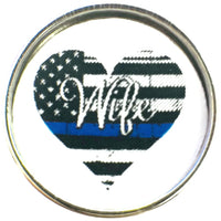 Thin Blue Line Officer Heart USA Flag Snap Blue Leather Bracelet  With Bonus Extra 18MM - 20MM Charm
