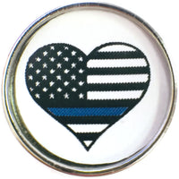 USA Flag Heart Officer Thin Blue Line Snap on 18" Leather Rope Diamond Pendant Necklace W/ Extra 18MM - 20MM Snap Charm