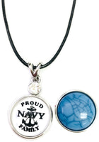 Proud Navy Family Snap on 18" Leather Rope Diamond Pendant Necklace W/ Extra 18MM - 20MM Snap Charm