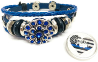 Thin Blue Line Heart Flag Wife Snap Blue Leather Bracelet  With Bonus Extra 18MM - 20MM Charm