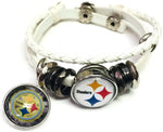 NFL Pittsburgh Steelers Bracelet Snap Logo &  Cool Smokey Logo Football Fan White Leather  W/2 18MM - 20MM Snap Charms