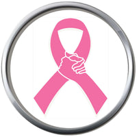 In The Pink Ribbon Hands Breast Cancer Awareness Support For A Cure For All Pendant Necklace  W/2 18MM - 20MM Snap Charms