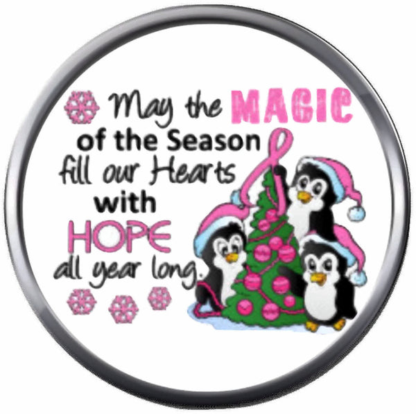Penguin Magic Hope Christmas Tree Pink Ribbon Breast Cancer Support Awareness Holiday Winter 18MM - 20MM Snap Jewelry Charm