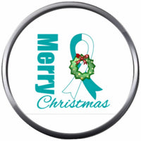 Merry Christmas Wreath Teal White Ribbon Cervical Cancer Support Awareness Holiday Winter 18MM - 20MM Snap Jewelry Charm