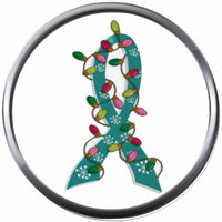 Christmas Lights On Teal Ribbon Ovarian Cancer Support Awareness Holiday Winter 18MM - 20MM Snap Jewelry Charm