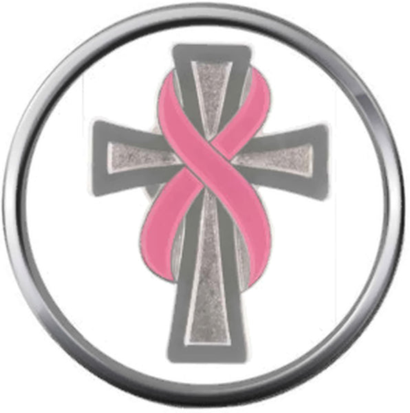 Religious Grey Cross Pink Breast Cancer Ribbon Survivor Cure By Awareness 18MM - 20MM Snap Jewelry Charm
