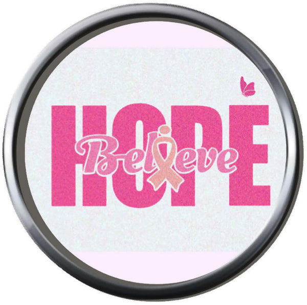 Pink Hope Believe Breast Cancer Ribbon Survivor Hope For All Support Cure Awareness 18MM - 20MM Snap Jewelry Charm