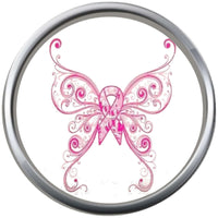 Think Pink & Butterfly Ribbon Breast Cancer Support Awareness Hope Cure Pendant Necklace  W/2 18MM - 20MM Snap Jewelry Charms