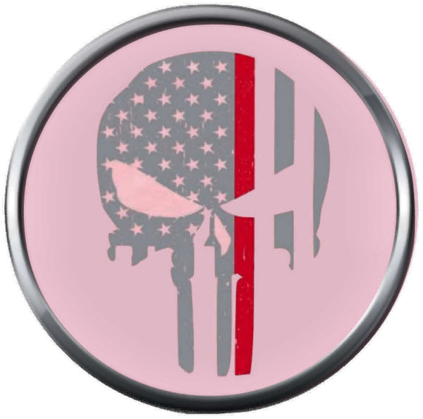 Pink USA American Flag Skull Punisher Thin Red Line Firefighter Courage Under Fire Womans 18MM - 20MM Snap Charm