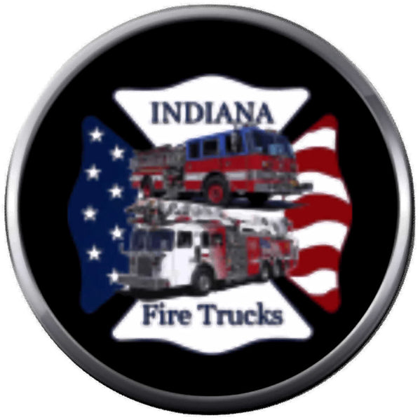 Indiana Fire Trucks Fireman Firefighter Courage Strong USA Flag Shield Maltese Cross On Black 18MM-20MM Snap Charm