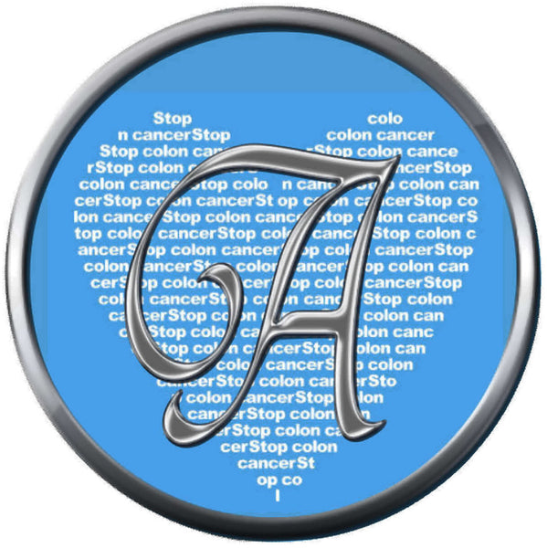 Monogram Alphabet Silver Letter Blue Heart Background Stop Colon Cancer Survivor Cure By Awareness 18MM - 20MM Snap Jewelry Charm
