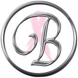 Monogram Alphabet Silver Letter Subtle Pink Breast Cancer Ribbon Survivor Cure By Awareness 18MM - 20MM Snap Jewelry Charm