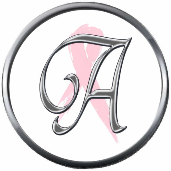 Monogram Alphabet Silver Letter Subtle Pink Breast Cancer Ribbon Survivor Cure By Awareness 18MM - 20MM Snap Jewelry Charm