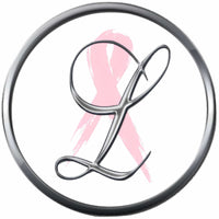 Monogram Alphabet Silver Letter Subtle Pink Breast Cancer Ribbon Survivor Cure By Awareness 18MM - 20MM Snap Jewelry Charm