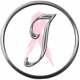 Monogram Alphabet Silver Letter Subtle Pink Breast Cancer Ribbon Survivor Cure By Awareness 18MM - 20MM Snap Jewelry Charm