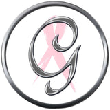 Monogram Alphabet Silver Letter Subtle Pink Breast Cancer Ribbon Survivor Cure By Awareness 18MM - 20MM Snap Jewelry Charm