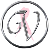 Monogram Alphabet Silver Letter Subtle Pink Breast Cancer Ribbon Survivor Cure By Awareness 18MM - 20MM Snap Jewelry Charm