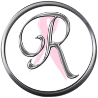 Monogram Alphabet Silver Letter Subtle Pink Breast Cancer Ribbon Survivor Cure By Awareness 18MM - 20MM Snap Jewelry Charm