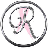 Monogram Alphabet Silver Letter Subtle Pink Breast Cancer Ribbon Survivor Cure By Awareness 18MM - 20MM Snap Jewelry Charm