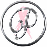 Monogram Alphabet Silver Letter Subtle Pink Breast Cancer Ribbon Survivor Cure By Awareness 18MM - 20MM Snap Jewelry Charm