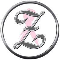Monogram Alphabet Silver Letter Subtle Pink Breast Cancer Ribbon Survivor Cure By Awareness 18MM - 20MM Snap Jewelry Charm