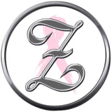 Monogram Alphabet Silver Letter Subtle Pink Breast Cancer Ribbon Survivor Cure By Awareness 18MM - 20MM Snap Jewelry Charm